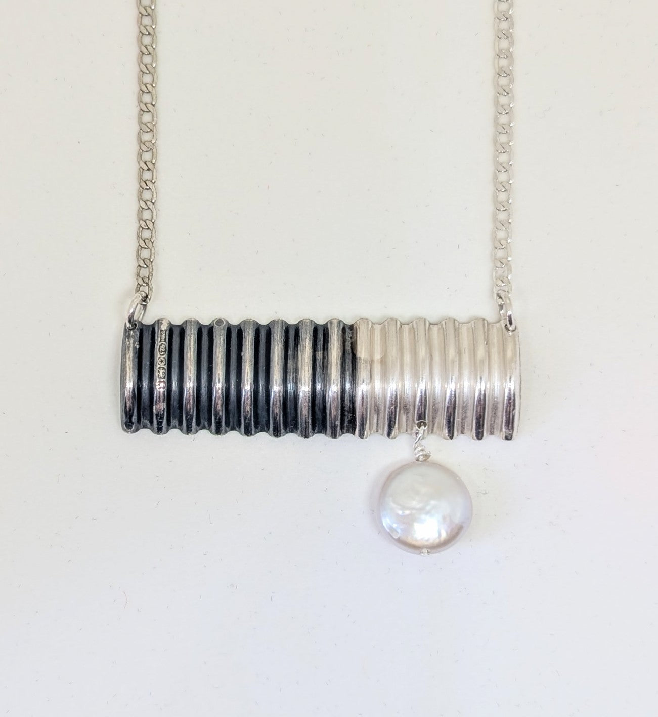 Sterling silver ombre bar necklace with white coin pearl